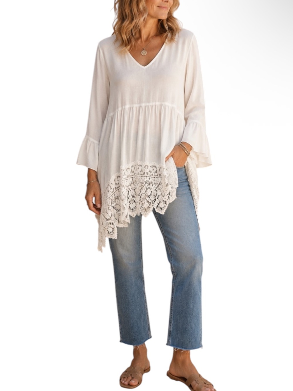 NEIMAN MARCUS Ivory Boho Crochet Lace Bell Sleeve Tunic Peasant Top Cottage | L